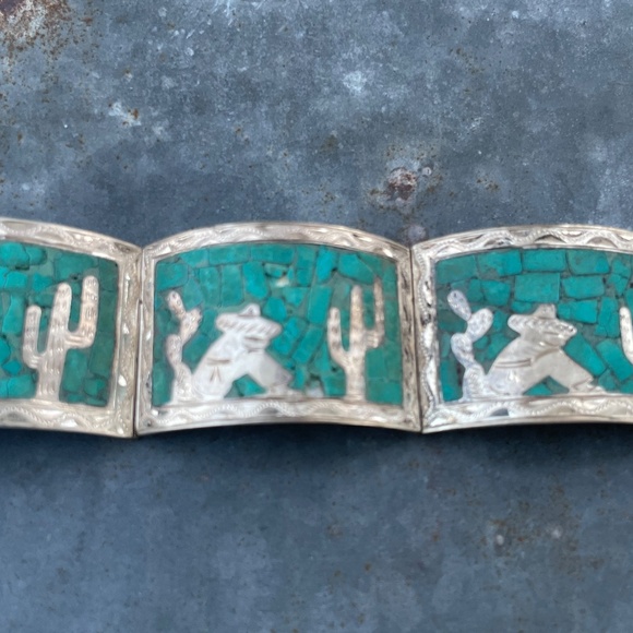 Vintage Mexico Sterling Turquoise Inlay Link Bracelet 6.5" - Picture 2 of 6